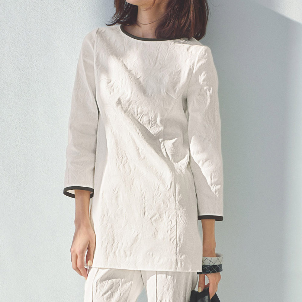 コットン混ジャカード バイカラー チュニック デザインカットソー Tシャツ カットソー PC7045