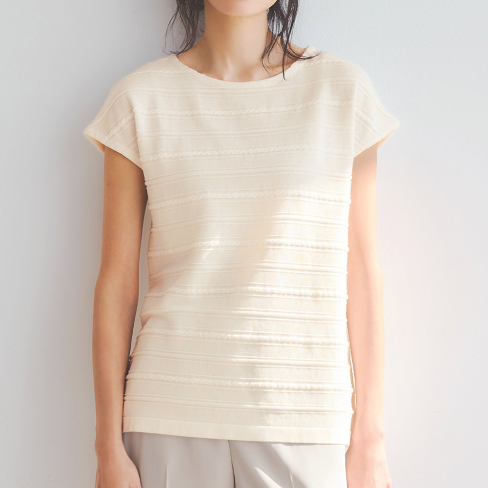 接触冷感 ケーブルボーダー コットン ニットプルオーバー(日本製) サマーニット ニット セーター PC7055