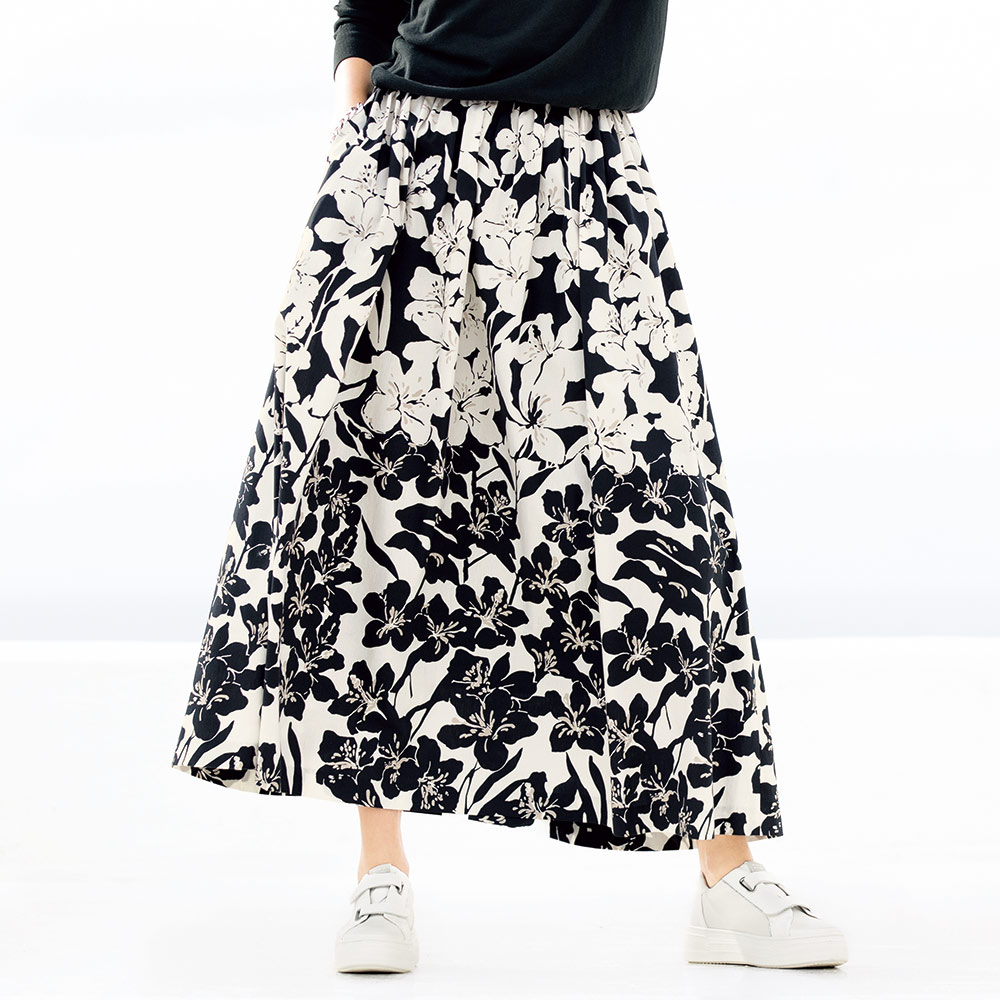 エリカ社 モノトーンフラワー バイカラー スカート プリント 柄スカート スカート PC7087