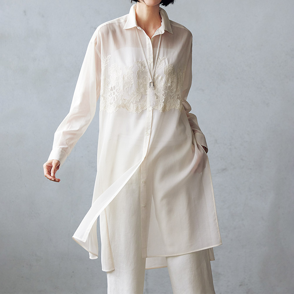 レース切り替え コットンボイル オーガンジー ロングブラウス ブラウス シャツ PC7099