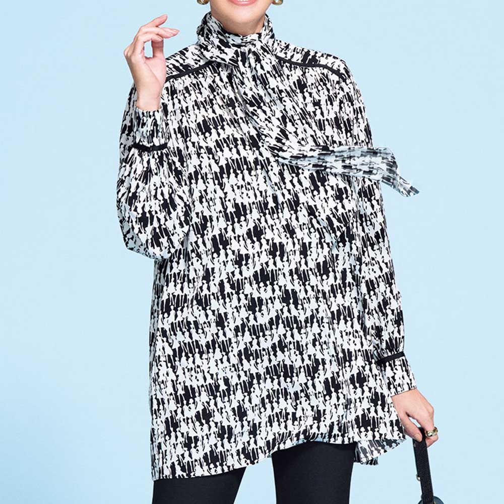 モノトーンプリント ボウタイ チュニック 長袖 七分袖チュニック チュニック PC7129