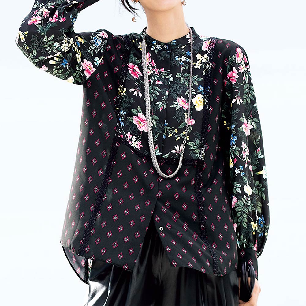 フラワー＆小紋柄プリント レース付き ブラウス ブラウス シャツ PC7132