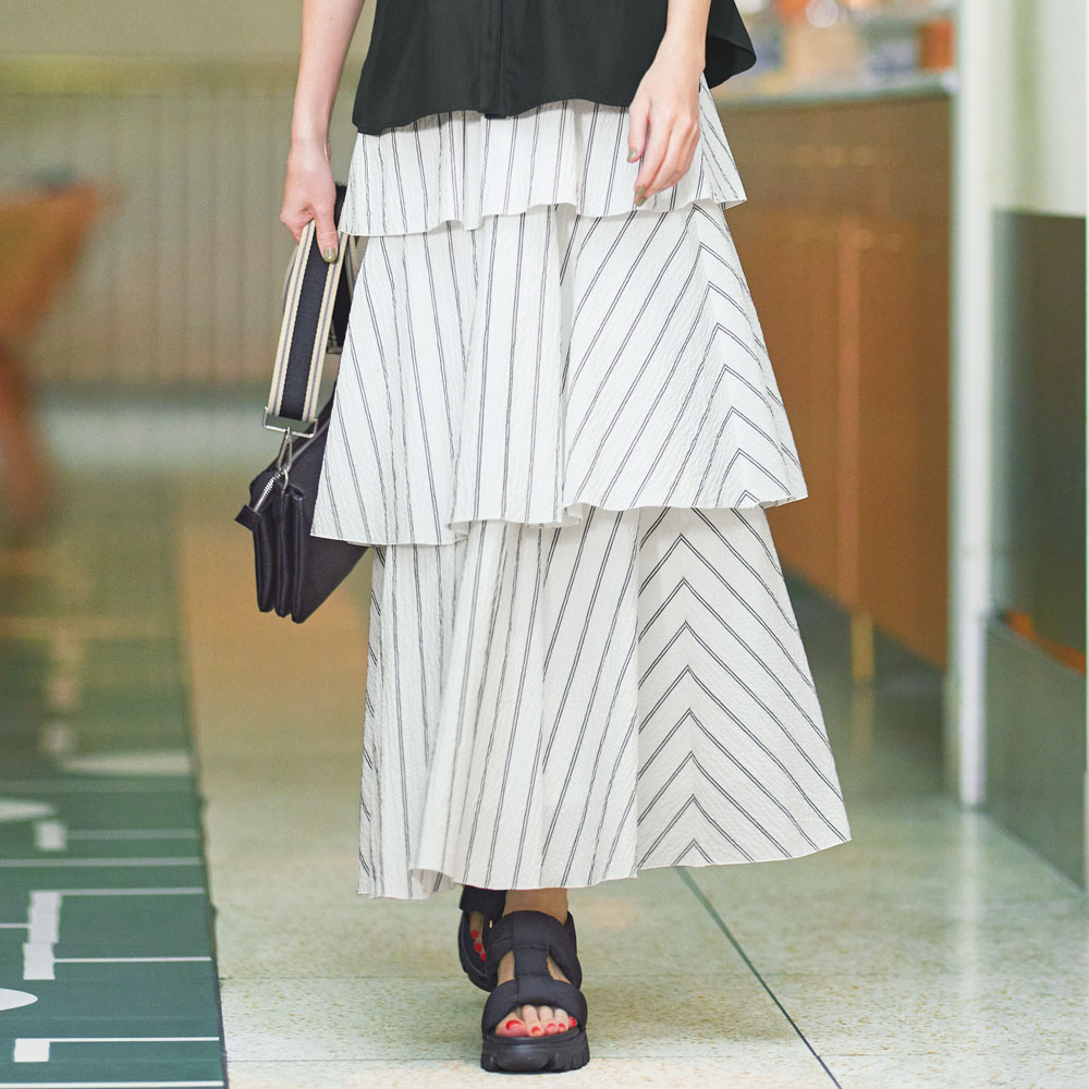 リップル ストライプ ティアード スカート 通販 - ディノス