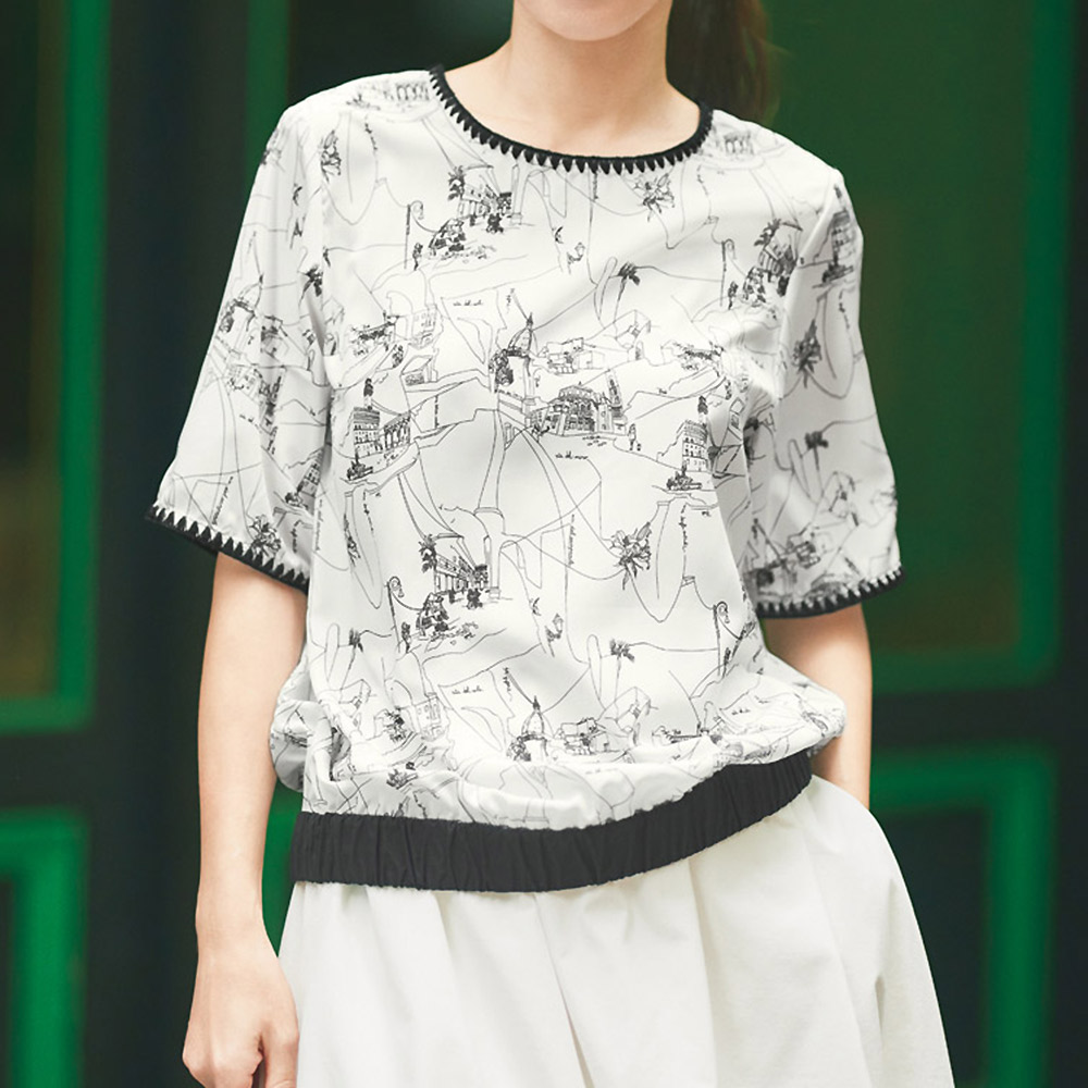 街並み柄 クラムステッチ ブラウス プルオーバー シャツ ブラウス PC7161