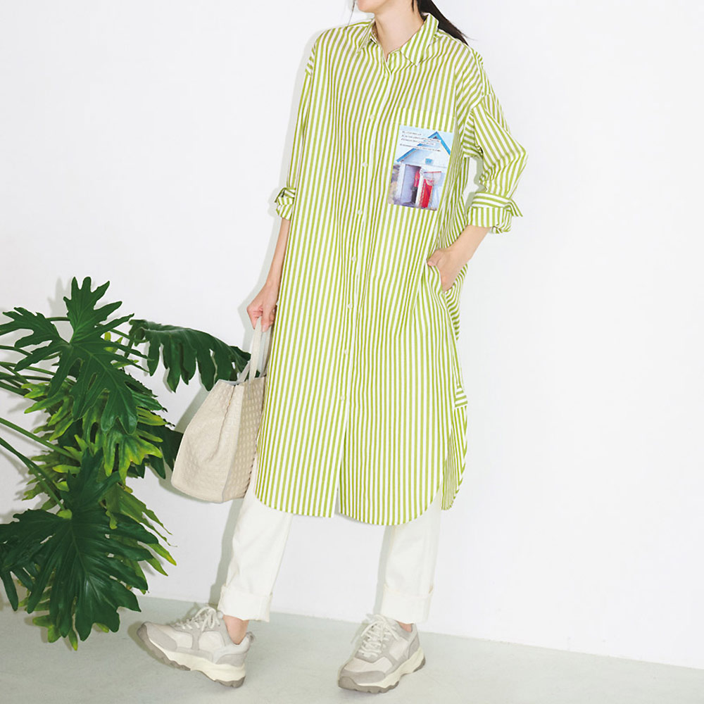 風景写真プリント ストライプ ロングシャツ シャツ ブラウス PC7164