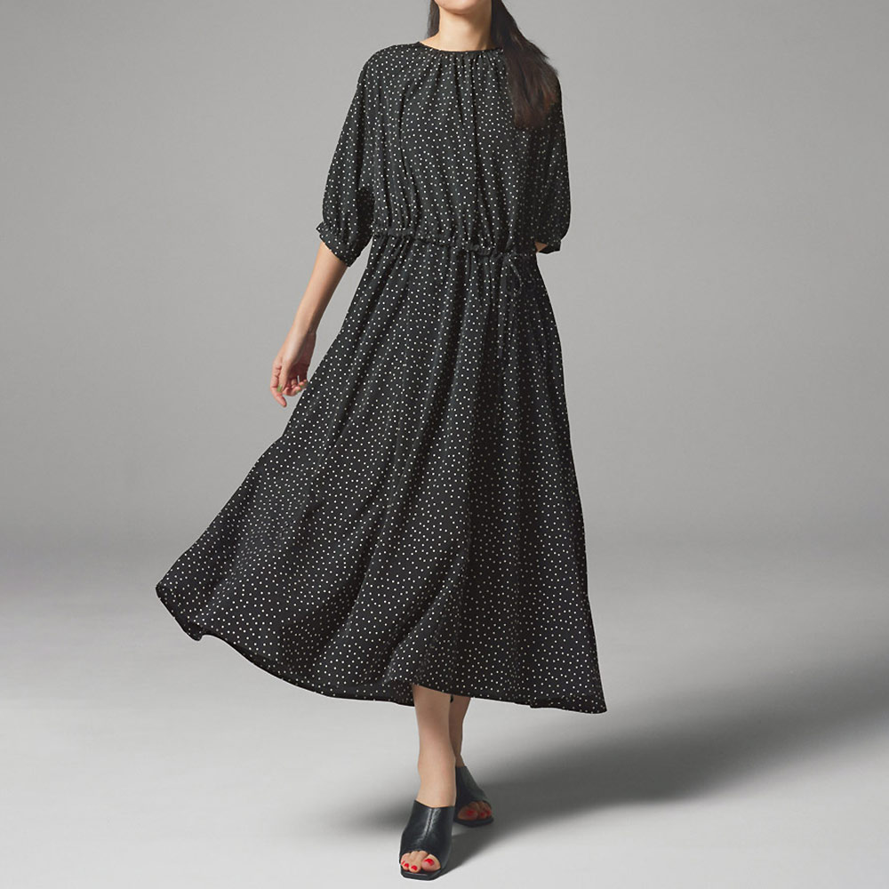 ランダムドットプリント ギャザー ワンピース マキシワンピース ロングワンピース ワンピース PC7184