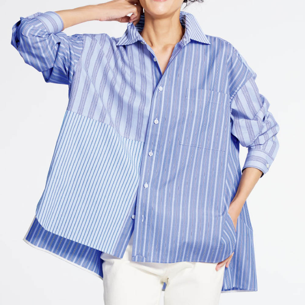 接触冷感 切り替えデザイン ストライプシャツ シャツ ブラウス PC7195