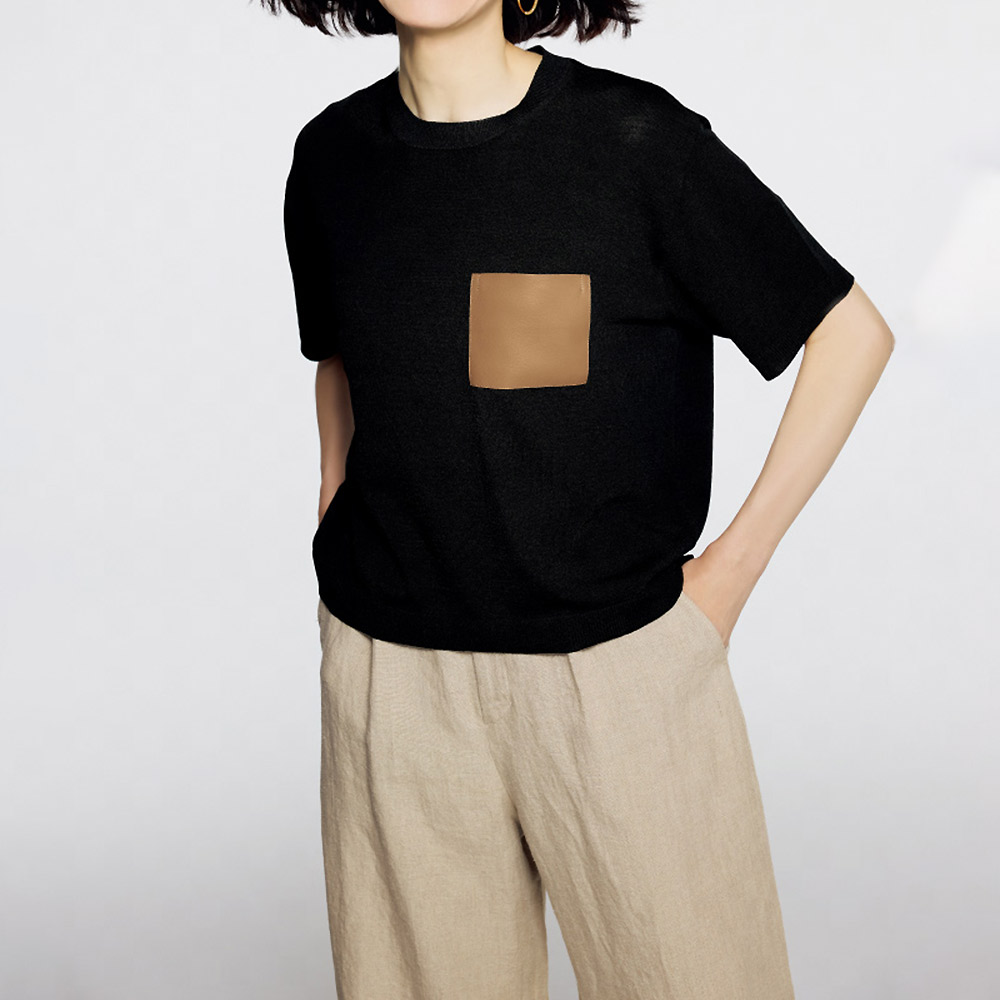 レザー調ポケット付き ニットプルオーバー ニットセーター ニット セーター PC7203