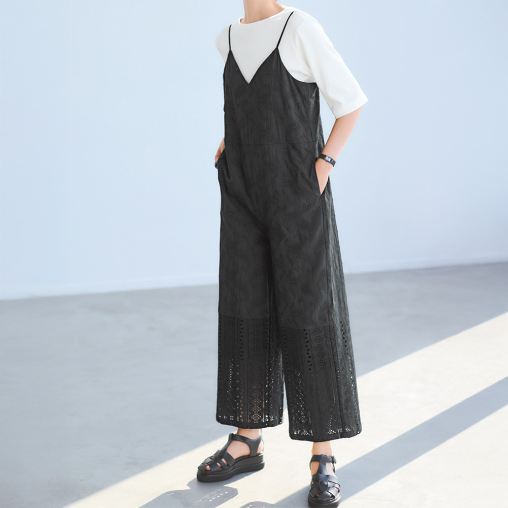 エンブロイダリー 柄ドッキング サロペット サロペット オールインワン パンツ PC7243