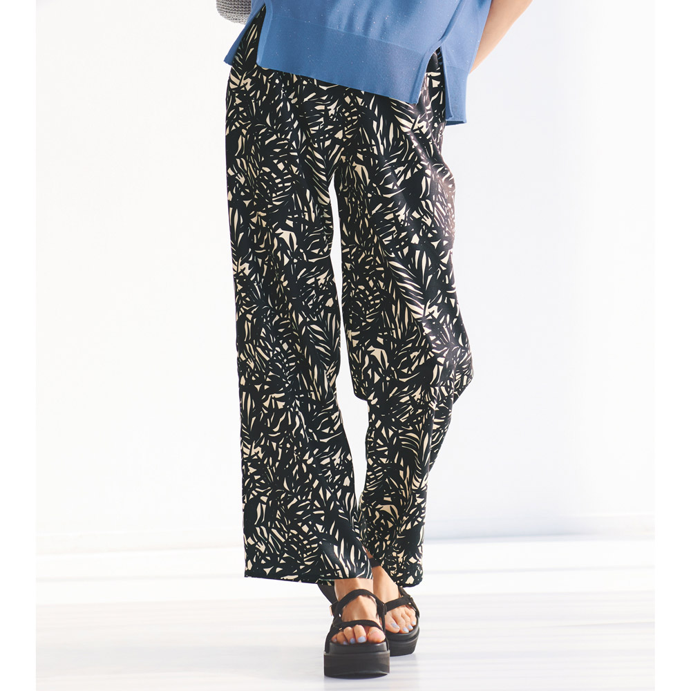 マシンウォッシャブル リーフ柄プリント ワイドパンツ イージーパンツ パンツ PC7248