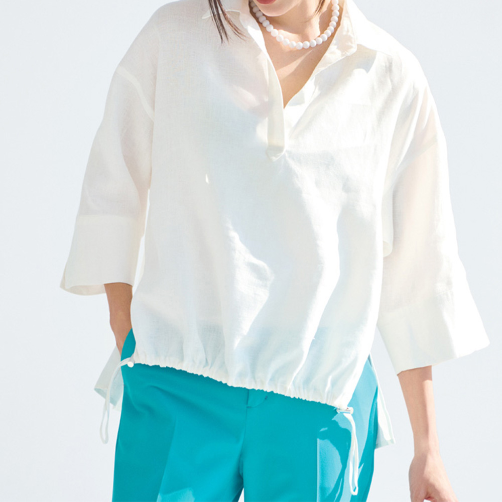 洗えるフレンチリネン ドローストリング スキッパー ブラウス ブラウス シャツ PC7258