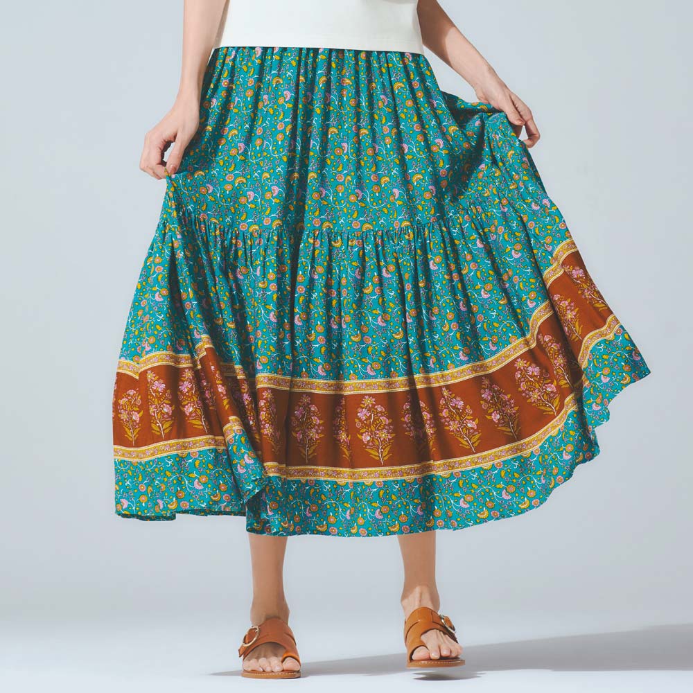 更紗パネルプリント ギャザーフレアスカート プリント 柄スカート スカート PC7262