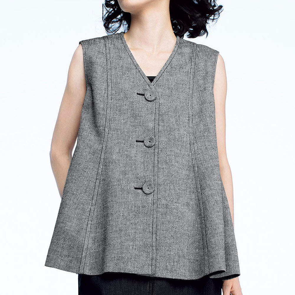 リネン混デニム調ツイード フレアージレ ベスト ジレ ジャケット PC7284