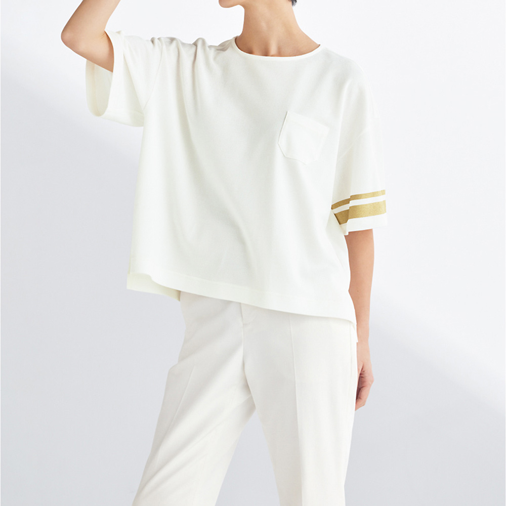 和紙混カノコ ゴールドラインプリント Tシャツ シャツ ブラウス ファッション PC7377