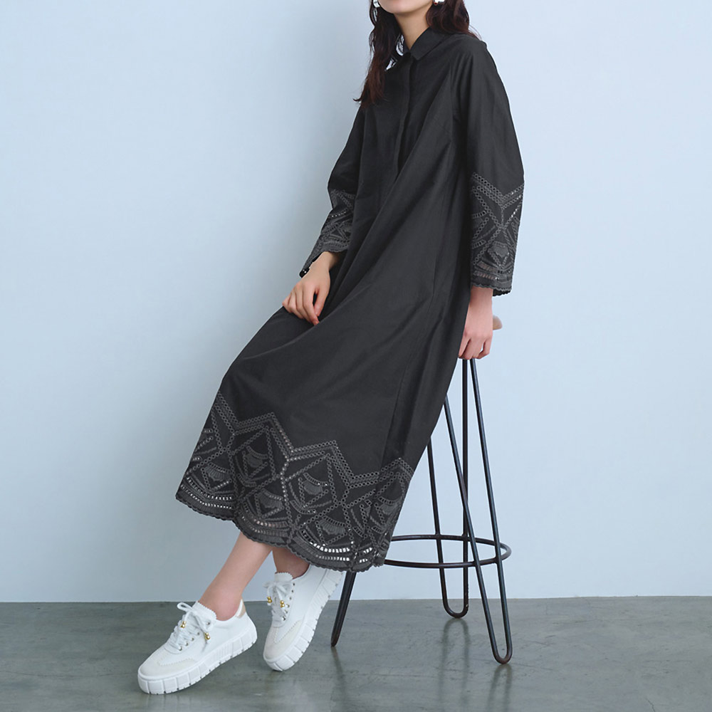 配色 カットワークレース シャツワンピース マキシワンピース ロングワンピース ワンピース PC8006
