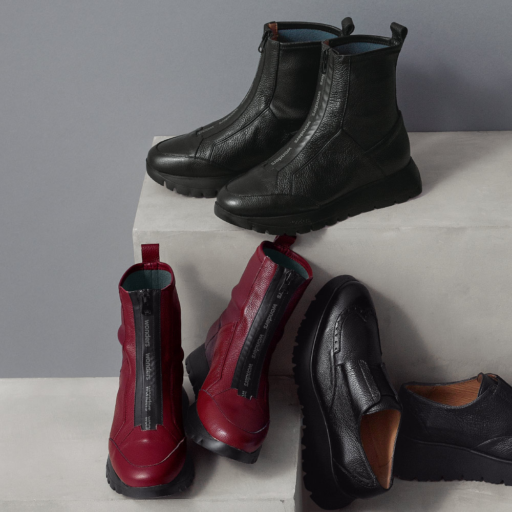 wonders/ワンダース フロントジップ ストレッチ ショートブーツ