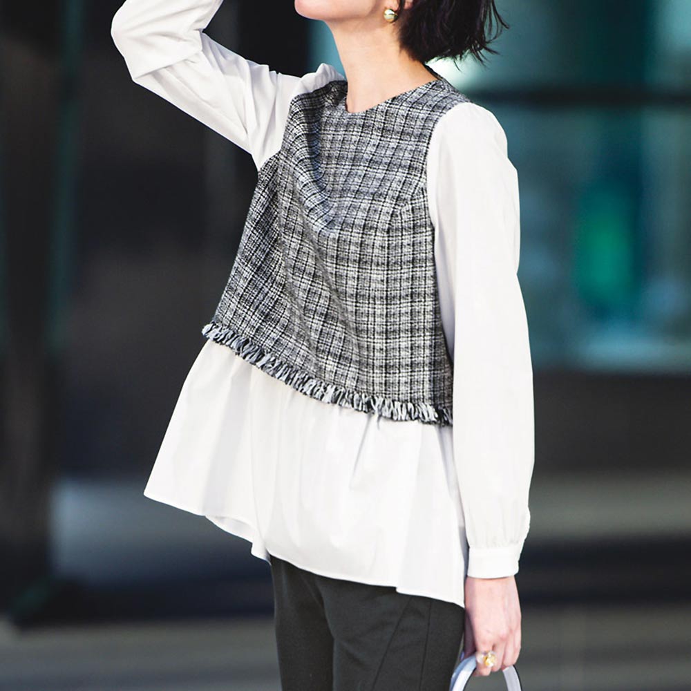 ツイード 素材コンビ チュニックブラウス 通販 - ディノス