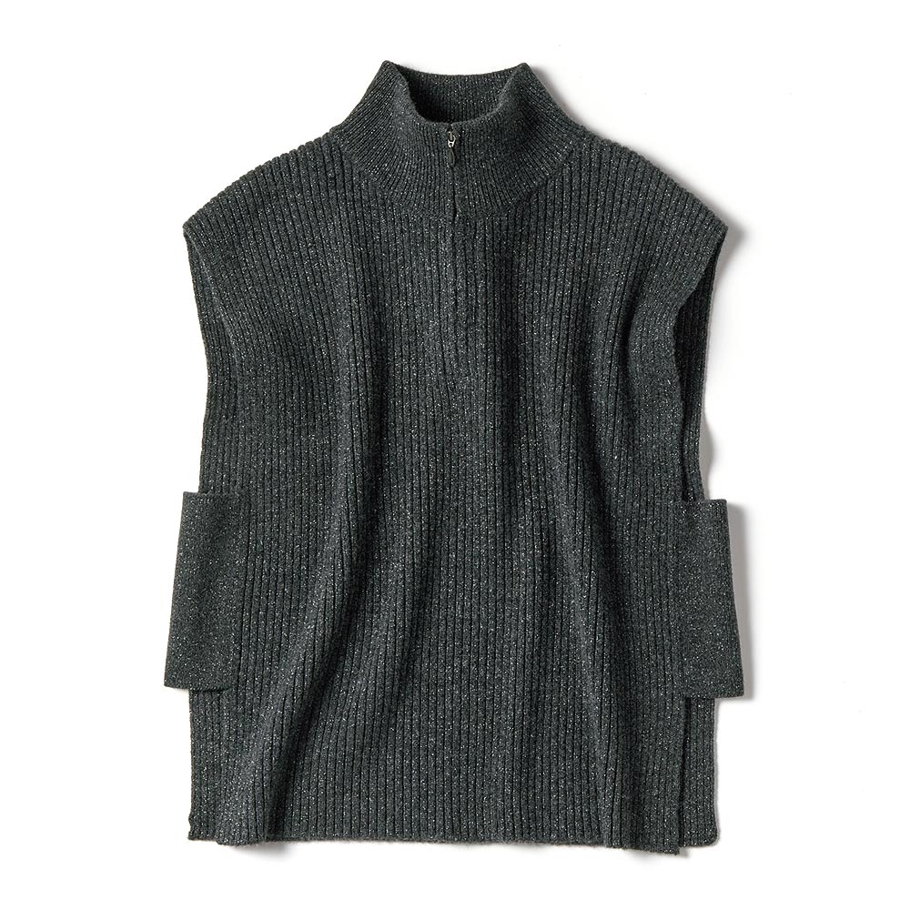 ラメ入りウール混 ジップアップ ニットベスト ニット セーター ファッション PC5544