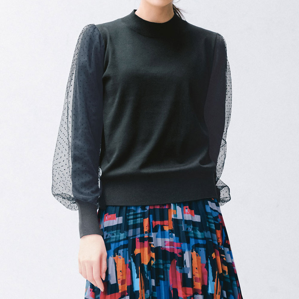 ドットプリント チュールスリーブ ニットプルオーバー ニット セーター ファッション PC5418