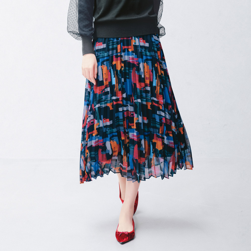 手描き風プリント シフォンプリーツスカート スカート ファッション PC5590