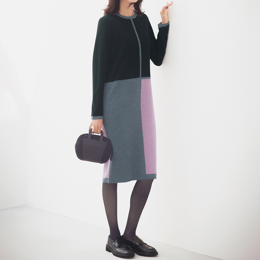 ウール混 カラーブロック 総針編み ワンピース ワンピース ファッション PC5850