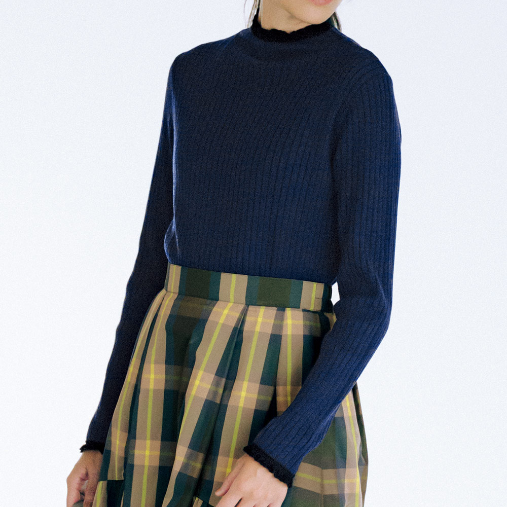 配色レース付き ワイドリブ ニットプルオーバー ニット セーター ファッション PC5922