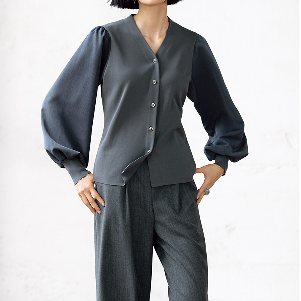 異素材使い バルーンスリーブ カーディガン ニット セーター ファッション PC6059