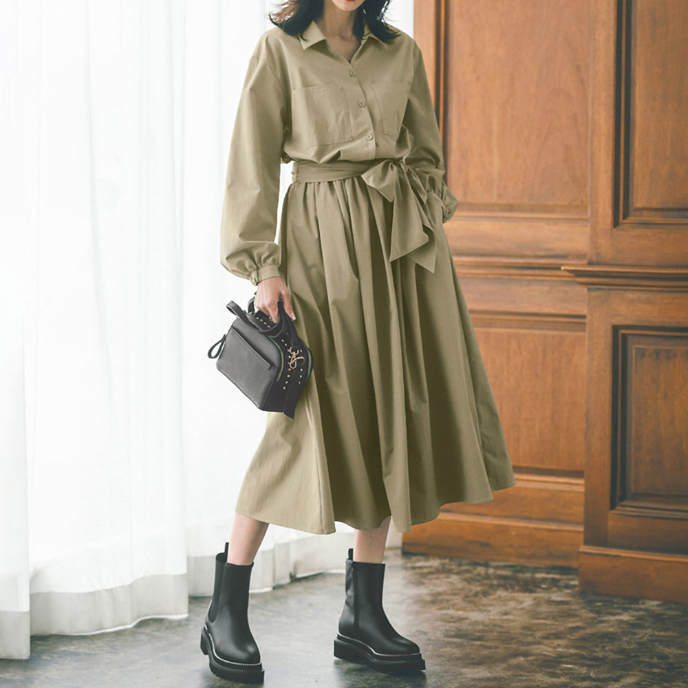 リボンベルト付き ストレッチ ドレスシャツワンピース ワンピース ファッション PC6079