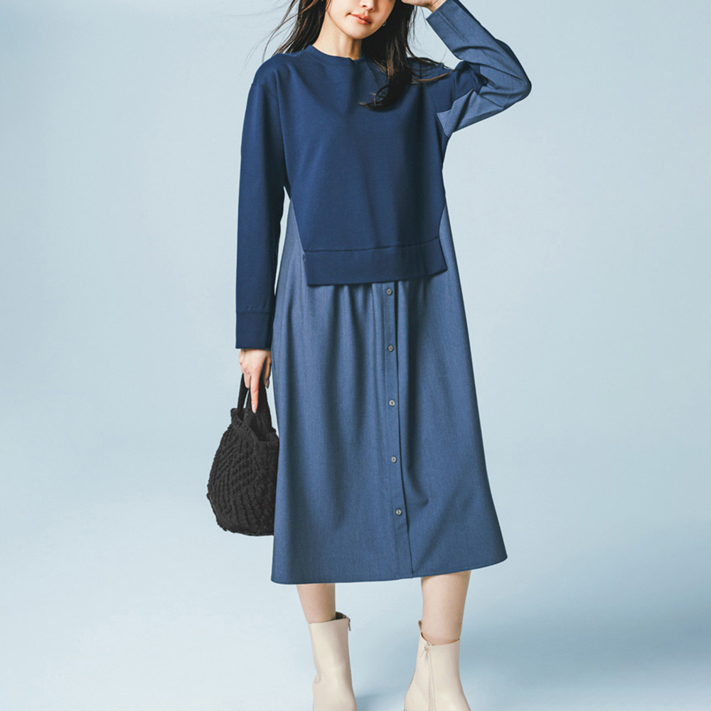 スムースジャージー×布帛 ドッキングワンピース ワンピース ファッション PC6103