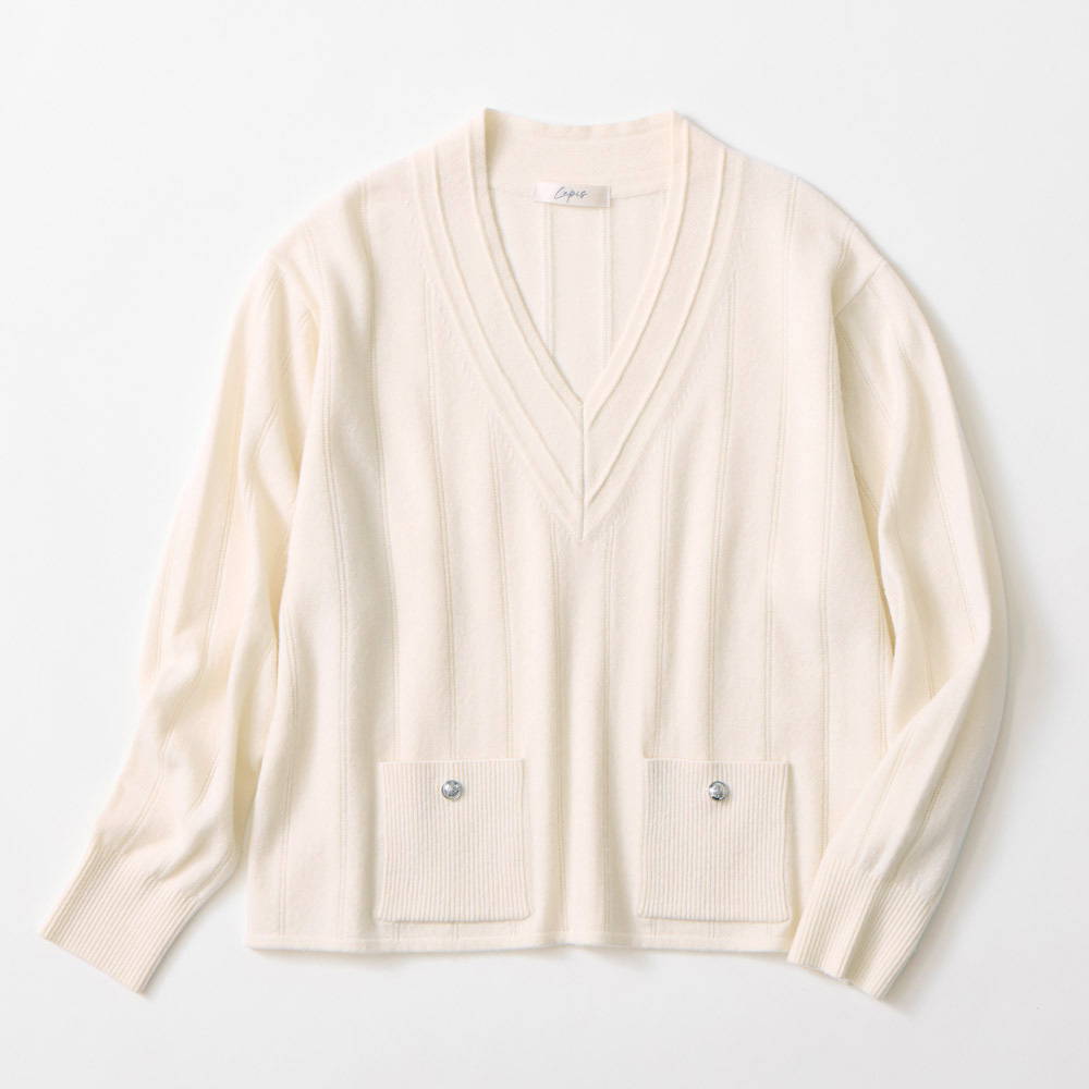 カシミヤ混リブポケット Vネックニットプルオーバー ニットセーター ニット セーター N60707